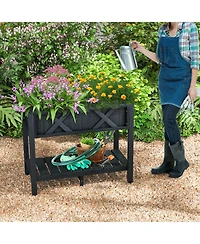 Gymax Hips Raised Garden Bed Poly Wood Elevated Planter Box w/ Legs & Storage Shelf