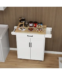 Casainc Rolling Kitchen Island Cart with Drawer, Cabinet, Rack and Rubber Wood Top