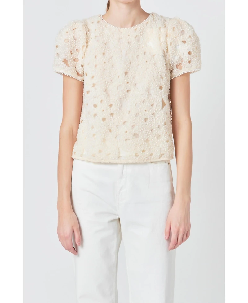 endless rose Women's Pearl and Tulle Textured Top