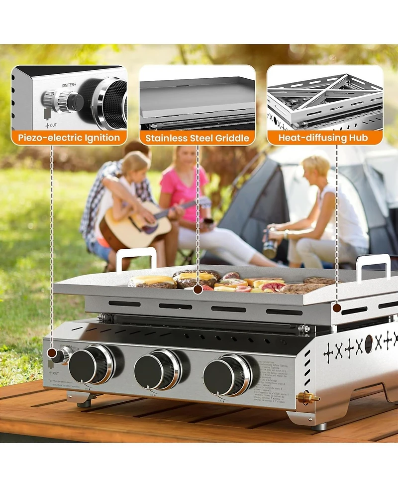 Cowsar Portable 26 Inch Tabletop Griddle with Grill Grate, Stainless Steel Propane Gas Grill with 3 Burners,24000 Btu, for Outdoor Camping/Rv/Picnic/B