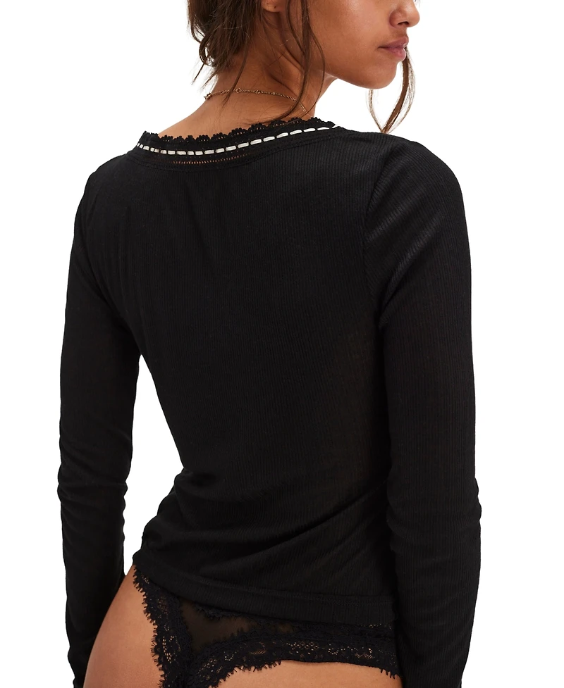 Free People Women's Lace Trim Long Sleeve Top