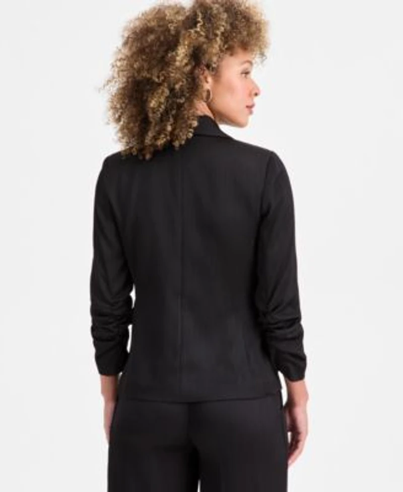 Tahari Asl Womens Crinkle Satin Faux Double Breasted Blazer Metallic Sleeveless Mock Neck Sweater Crinkle Satin Wide Leg Pants