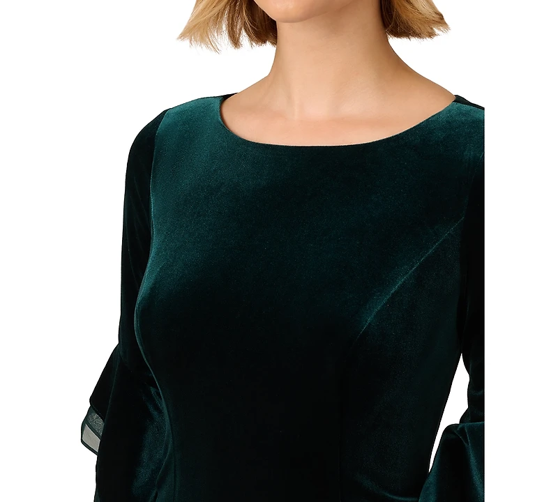Adrianna Papell Women's Velvet Bell-Sleeve Mesh-Trim Dress