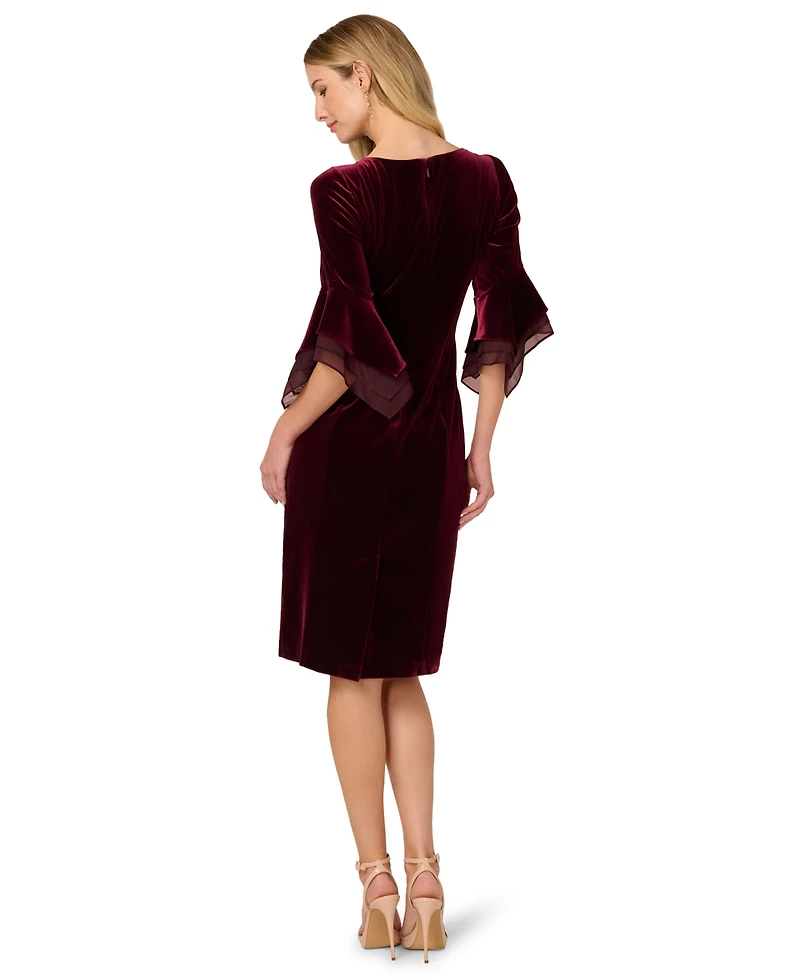 Adrianna Papell Women's Velvet Bell-Sleeve Mesh-Trim Dress