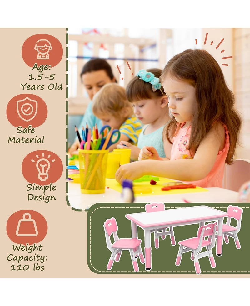 Qaba Kids Table and Chair Set with 4 Chairs, Adjustable Height,
