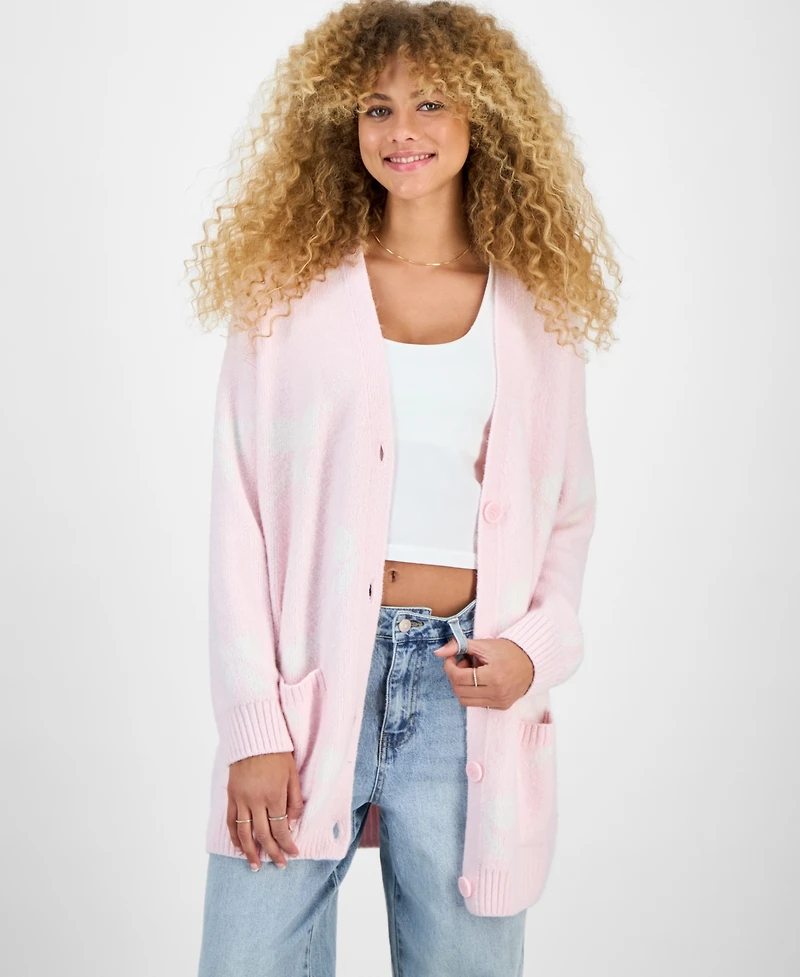Hippie Rose Juniors' V-Neck Button Front Teddy Long Cardigan