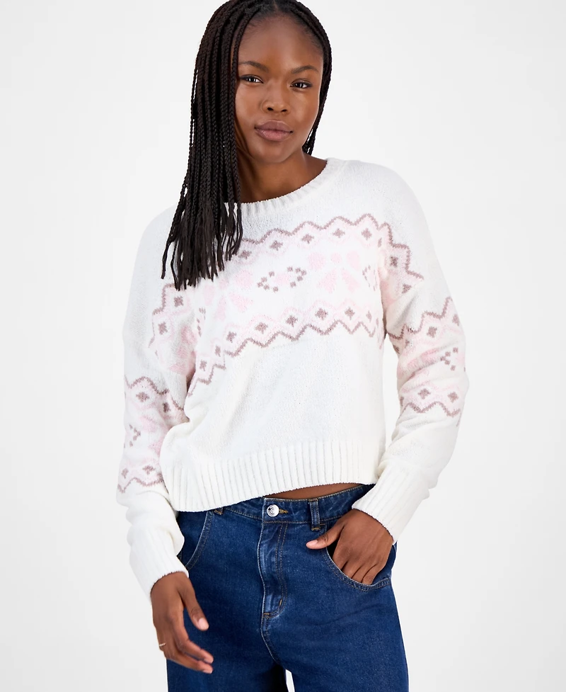 Hippie Rose Juniors' Patterned Knit Chenille Crewneck Sweater