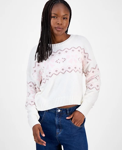 Hippie Rose Juniors' Patterned Knit Chenille Crewneck Sweater