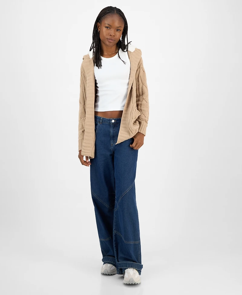 Madden Girl Juniors' Sherpa-Lined Cable-Knit Open Cardigan