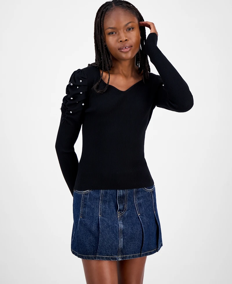 Madden Girl Juniors' Puff-Shoulder Rhinestone Sweater