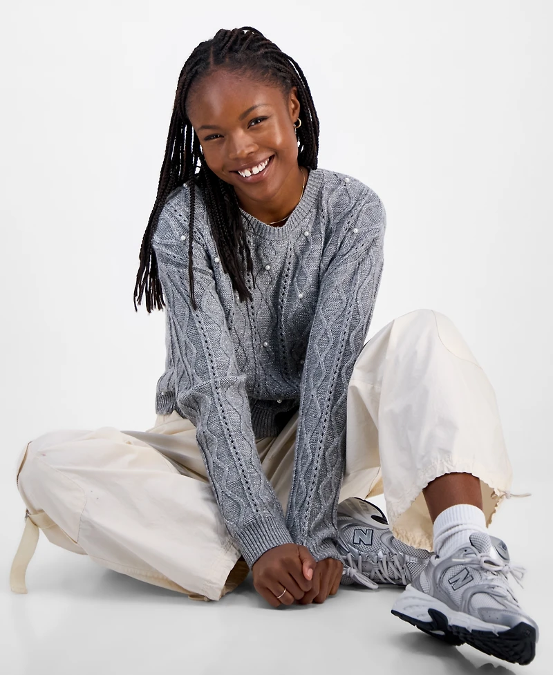 Madden Girl Juniors' Cable-Knit Faux-Pearl Crewneck Sweater