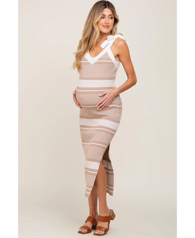 Pinkblush Maternity Taupe Striped Ribbed Sleeveless Knit Dress