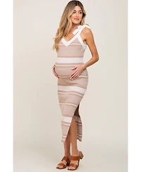 Pinkblush Maternity Taupe Striped Ribbed Sleeveless Knit Dress