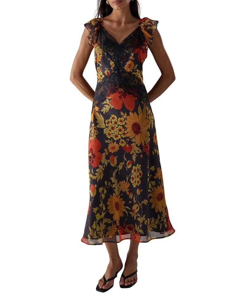 Warehouse Women's Lace Insert Frill Sleeve Midi Dress