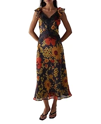 Warehouse Women's Lace Insert Frill Sleeve Midi Dress