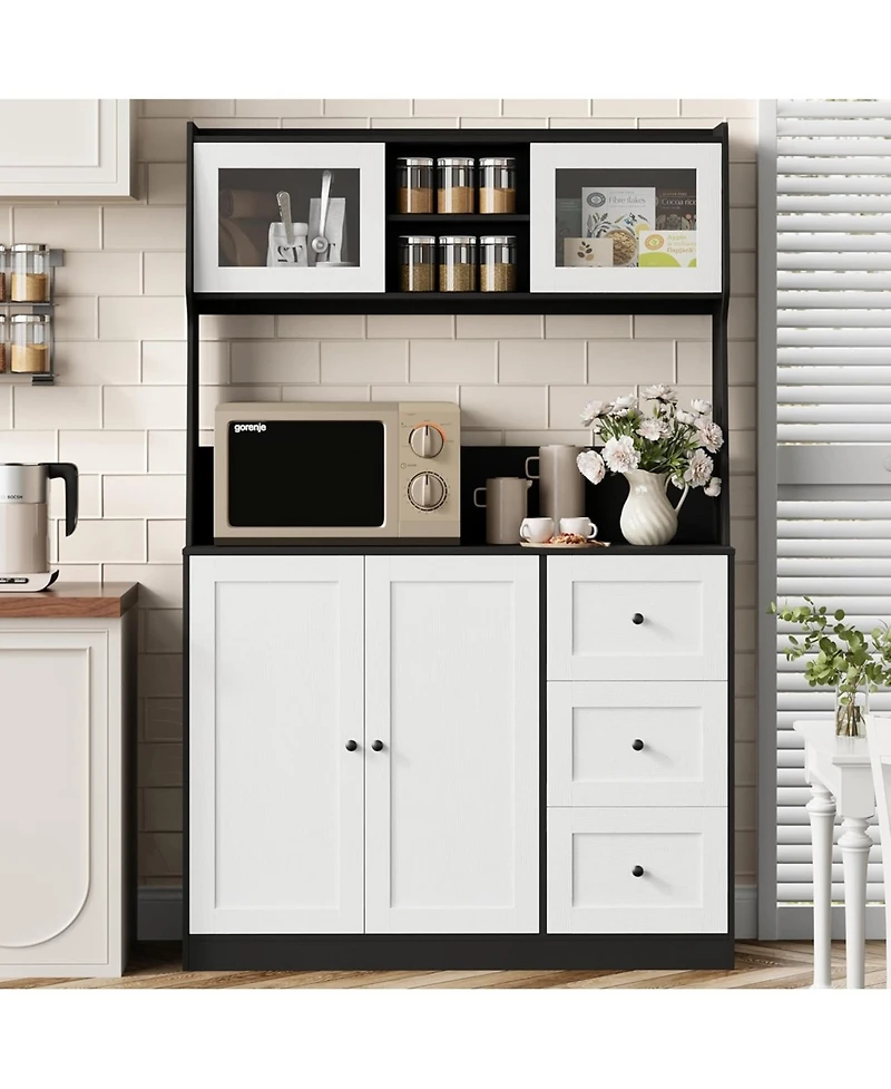 gaomon "22; Kitchen Pantry Cabinet with Microwave Shelf, Freestanding Hutch Cabinet with 3 Drawers and Led Lights, Tall Storage Cabinet with Counterto