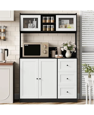gaomon "22; Kitchen Pantry Cabinet with Microwave Shelf, Freestanding Hutch Cabinet with 3 Drawers and Led Lights, Tall Storage Cabinet with Counterto