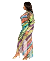Buxom Couture Plus Printed Asymmetrical Long Sleeve Mesh Dress