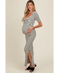 Pinkblush Ivory Black Striped Knit Short Sleeve Maternity Maxi Dress