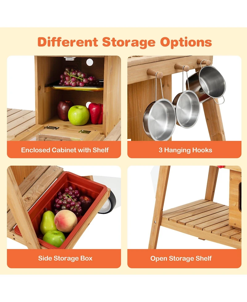 Akiudex Kids Wooden Kitchen Cart Playset with Umbrella, Sink, Stove and Storage
