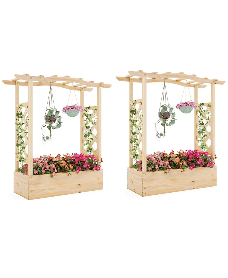 Gymax 2PCS Wooden Raised Garden Bed w/ Trellis & Hanging Roof Planter Box for Garden