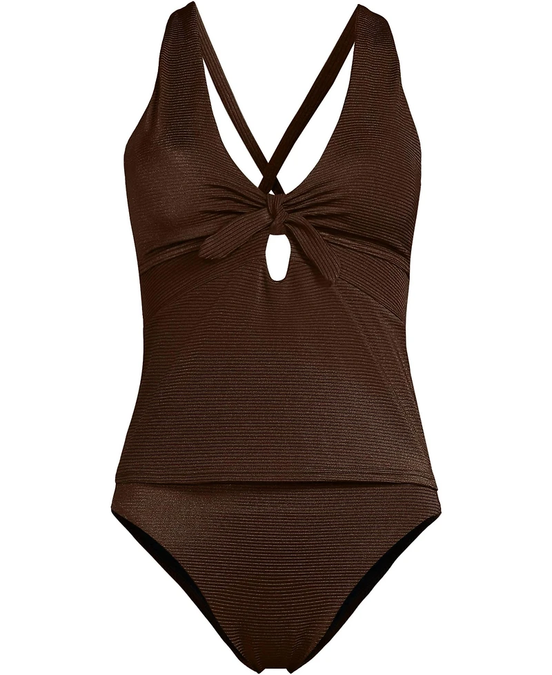 Lands' End Women's Shine Ribbed Tankini Top and High Waisted Bottom Swimsuit Set