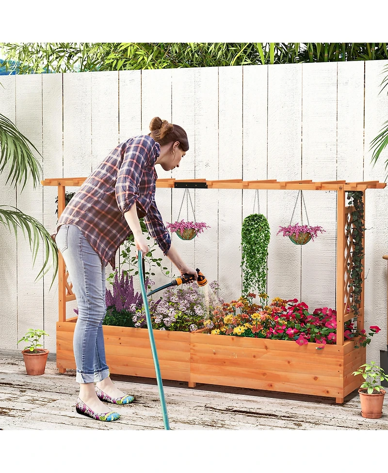 Gymax Raised Garden Bed w/ 2-Sided Trellis & Hanging Roof Fir Wood Planter Box w/ Drainage Holes