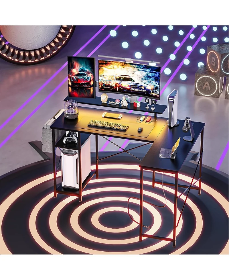 gaomon 54 inch Gaming Desk, Reversible L Shaped Desk, Corner Computer Desk with Monitor Stand, Power Outlets, Led Lights and Storage Shelves for Home