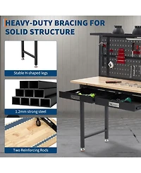 60" Heavy Duty Workbench w/Drawers,Garage Work Bench w/Pegboard,Led Lighting System,Tool Storage,Wood Metal Work Table for Workshop Warehouse
