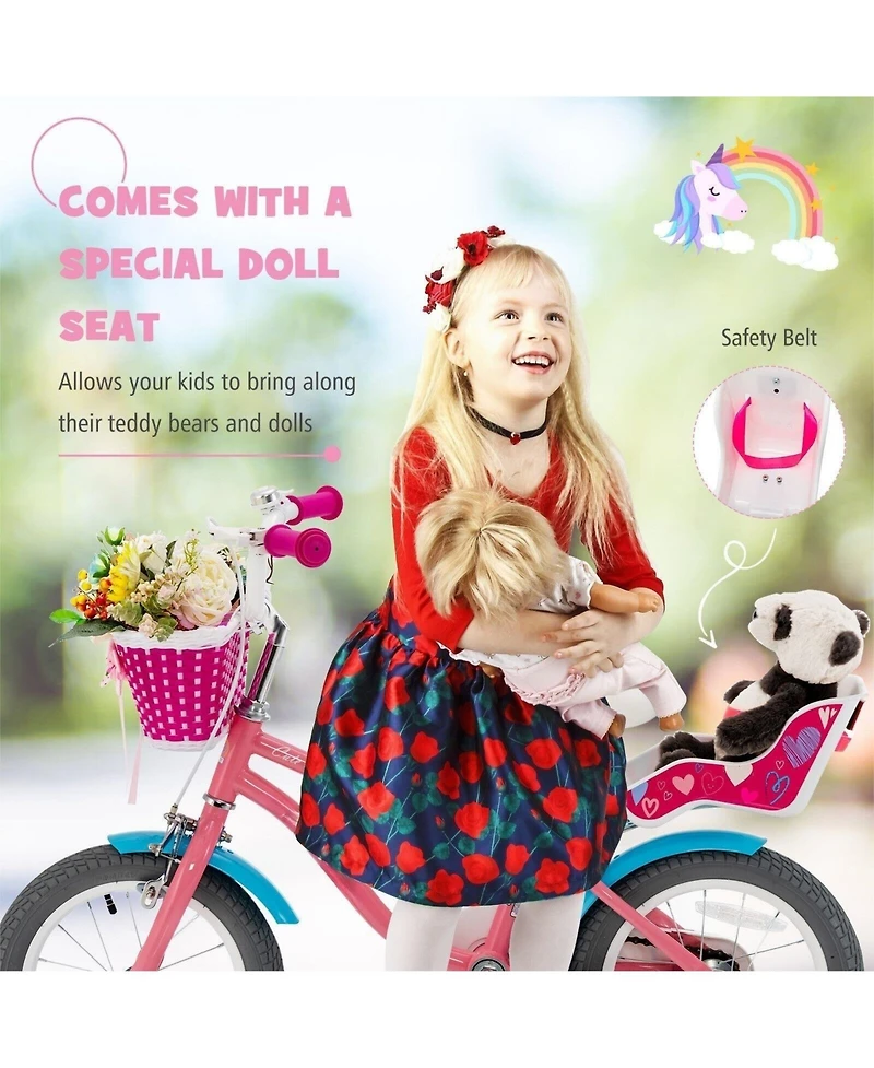 Akiudex Girls' Bike with Basket, Doll Seat, Training Wheels and Adjustable Seat