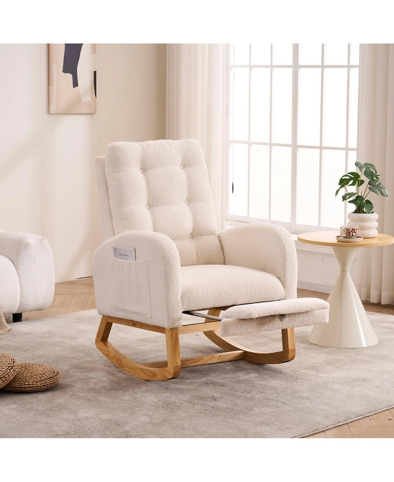 Flynama Plush Accent Rocking Chair with Footrest, Cream White High-Back Rocker, Rubber Wood Lounge Chair for Nursery & Living Room, 38.36"W x 26.77"D