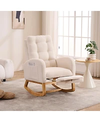 Flynama Plush Accent Rocking Chair with Footrest, Cream White High-Back Rocker, Rubber Wood Lounge Chair for Nursery & Living Room, 38.36"W x 26.77"D