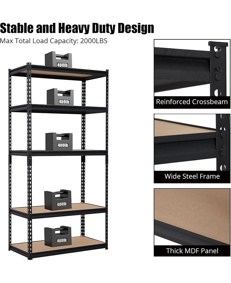 gaomon Heavy Duty Storage Shelves, 5-Tier Adjustable Garage Shelving Unit, Metal Storage Utility Rack Shelf for Warehouse, Pantry, Kitchen, Basement,