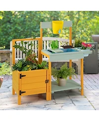 Gymax Wooden Potting Bench for Kids w/ See-Through Window Planter Box Garden Trellis