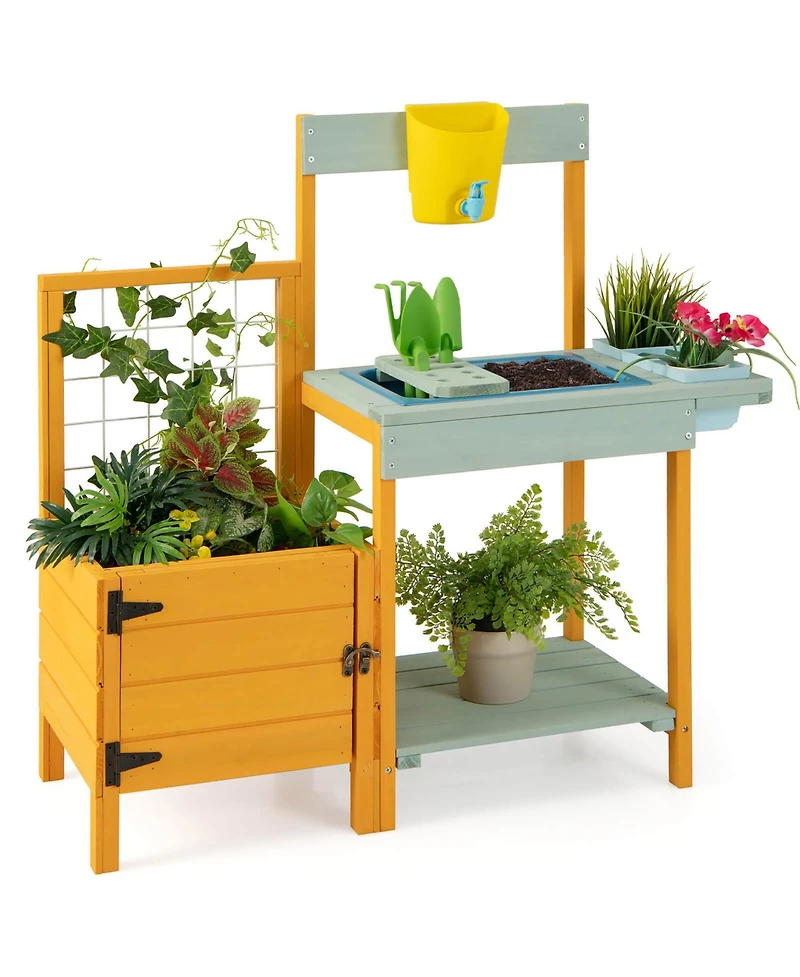 Gymax Wooden Potting Bench for Kids w/ See-Through Window Planter Box Garden Trellis