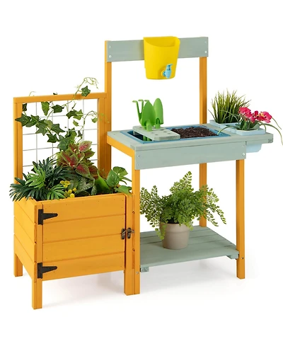 Gymax Wooden Potting Bench for Kids w/ See-Through Window Planter Box Garden Trellis