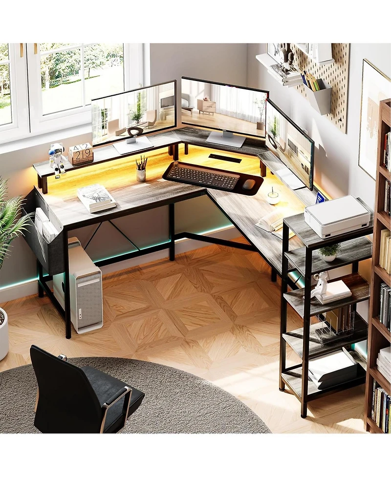 gaomon L Shaped Desk with Power Outlets & Led Lights, 62" Computer Desk with Full Monitor Stand & Storage Shelves, Corner Desk Gaming Desk, Ergonomic