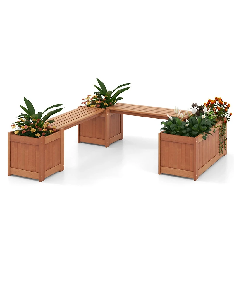 Gymax Wood Wooden Planter Box w/ Seat 2-in-1 Raised Garden Bed & Bench Outdoor