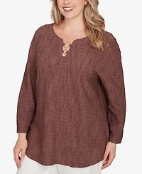 Hearts Of Palm Plus Novelty Crinkle 3/4 Sleeve Top