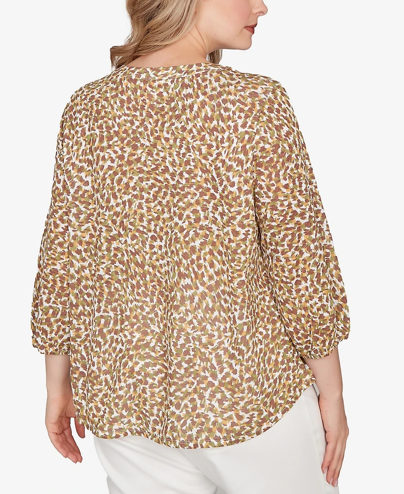 Hearts Of Palm Plus Printed 3/4 Sleeve Peasant Top
