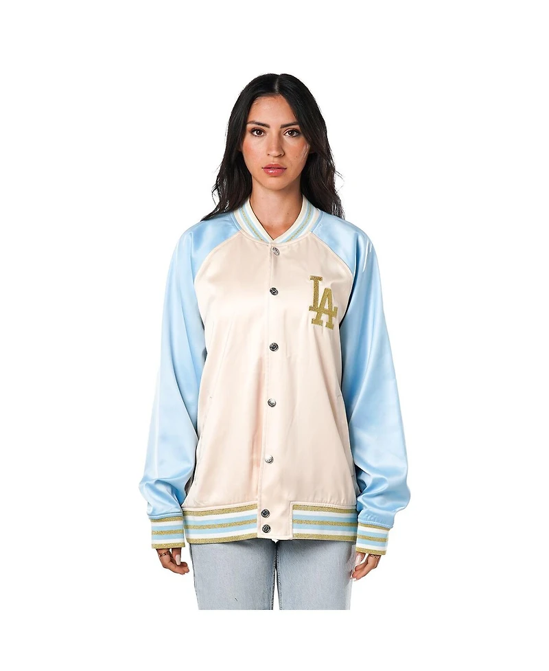 The Wild Collective Women's Cream Los Angeles Dodgers Oversized Satin Raglan Full-Snap Bomber Jacket