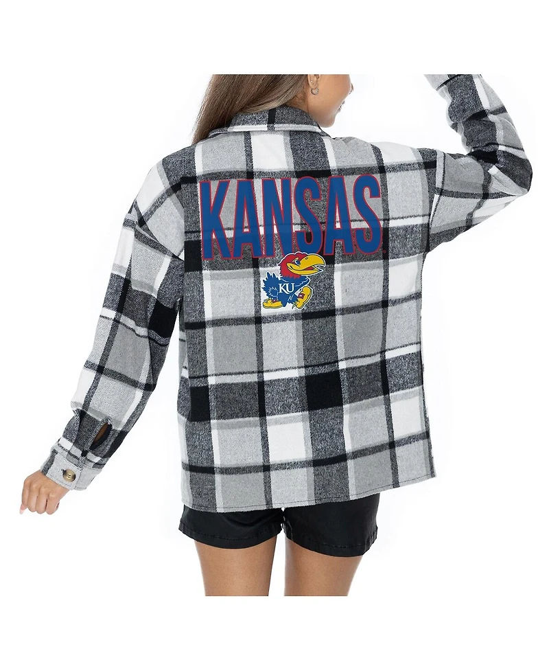 Gameday Couture Women's Grey Kansas Jayhawks Long Sleeve Brushed Plaid Button-Up Overshirt Jacket