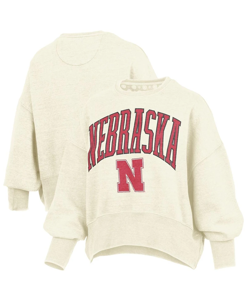 Pressbox Women's Natural Nebraska Huskers Oversized Waist-Length Crewneck Sweatshirt