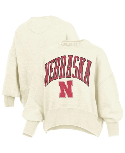 Pressbox Women's Natural Nebraska Huskers Oversized Waist-Length Crewneck Sweatshirt