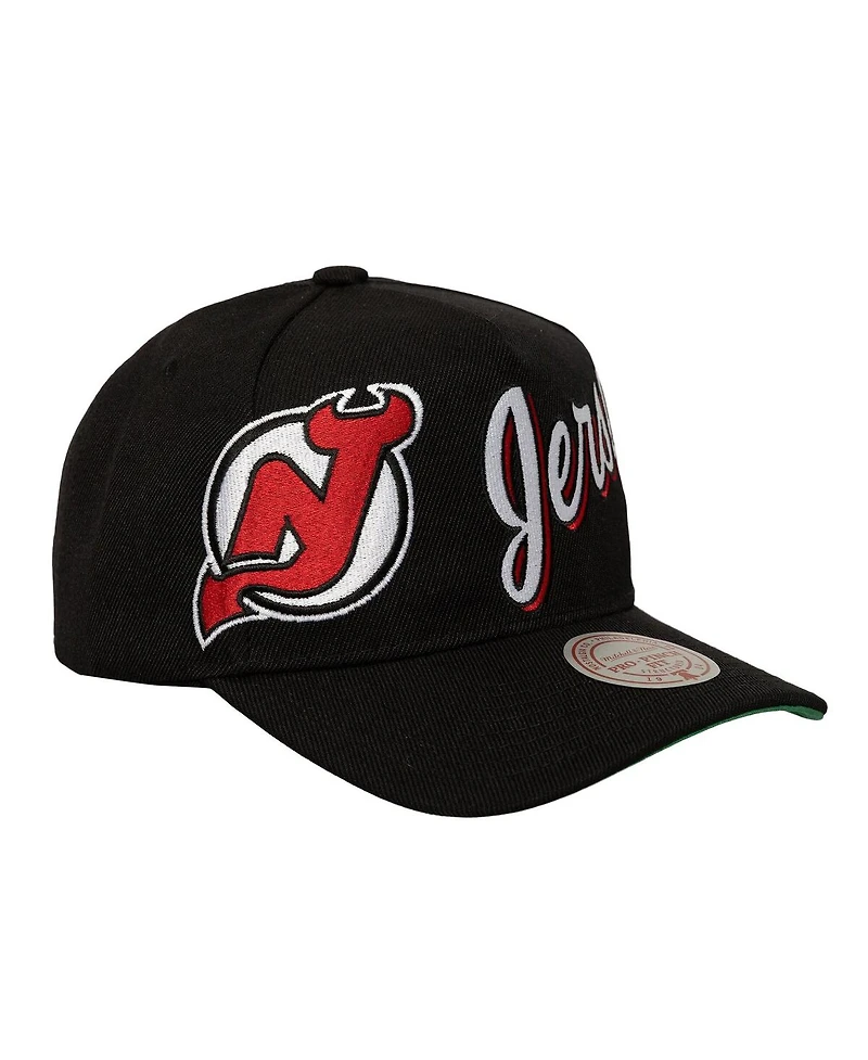 Mitchell Ness Men's Black New Jersey Devils Busted Logo Wordmark Wrap-Around Pro Pinch Adjustable Hat