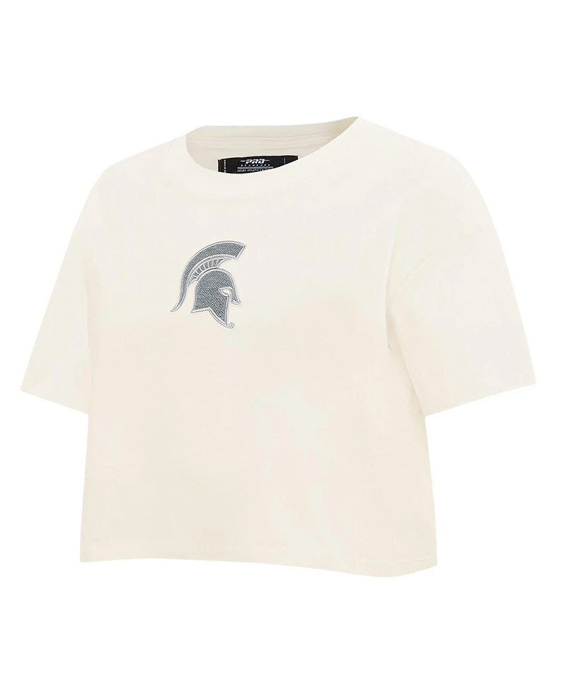 Pro Standard Women's Cream Michigan State Spartans Reverse French Terry Boxy Cropped T-Shirt