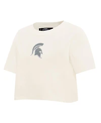 Pro Standard Women's Cream Michigan State Spartans Reverse French Terry Boxy Cropped T-Shirt