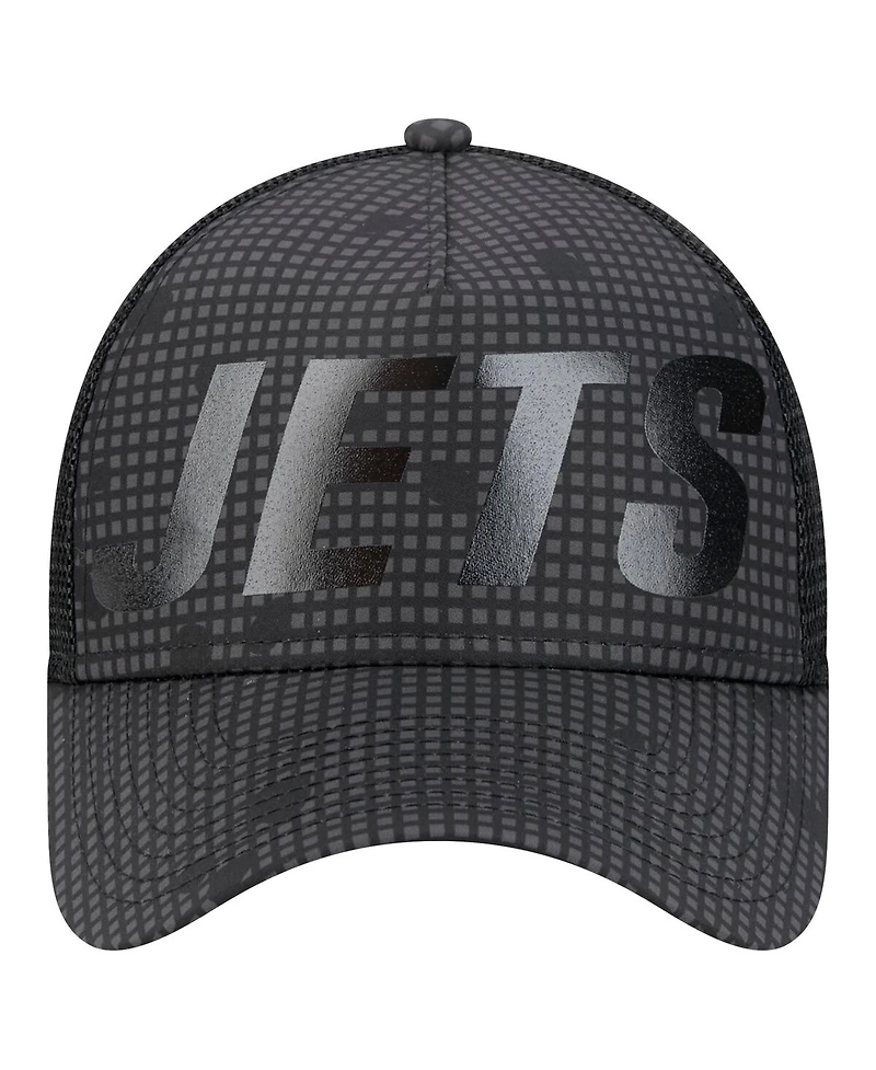 New Era Men's Black New York Jets Throwback Midnight Ink Tonal Text A-Frame Trucker 9FORTY Adjustable Hat