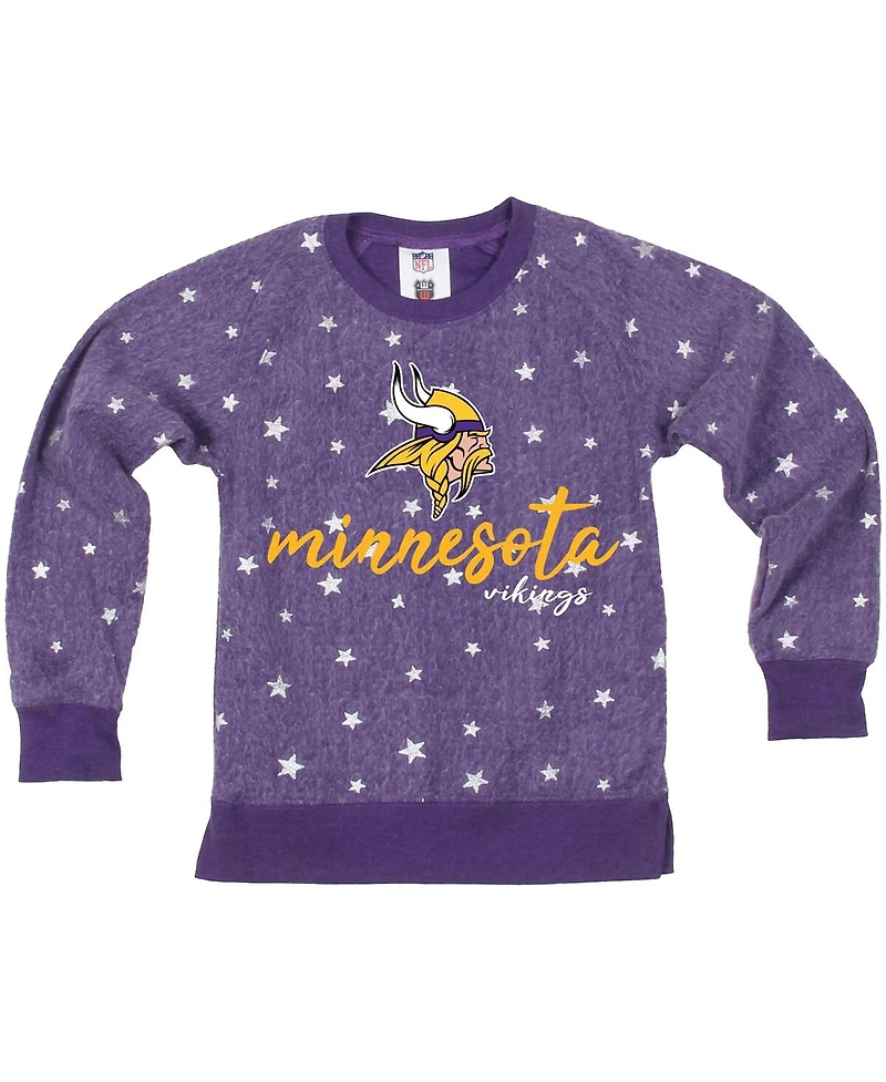 Wes & Willy Big Girls Purple Minnesota Vikings Shimmer Star Reverse Fleece Pullover Sweatshirt