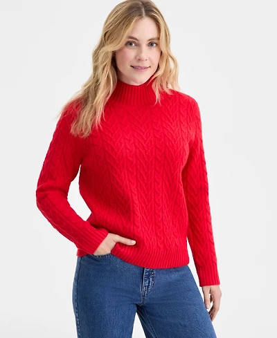 On 34th Women's Mock-Neck Cable-Knit Pullover Sweater, Created for Macy's